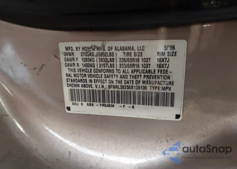 2006 Honda Odyssey Lx from USA, damaged, VIN 5FNRL38256B106136